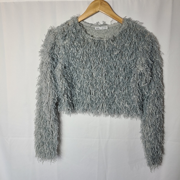 Zara crop feather  long sleeve crew neck top - Picture 4 of 7